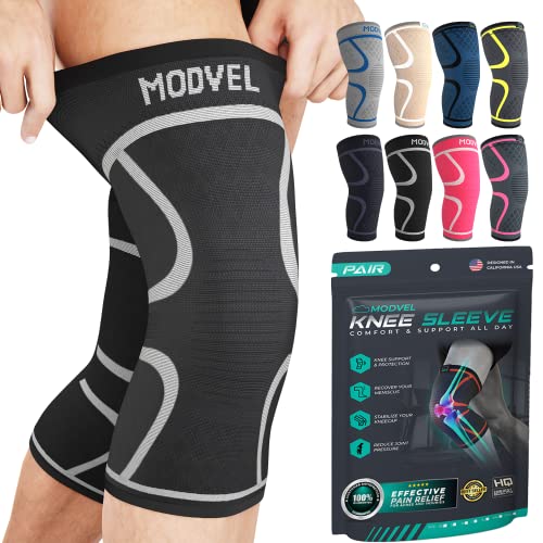 Modvel 2 Pack Knee Brace Compression Sleeve for Men & Women | Knee Support for Running | Medical Grade Knee Pads for Meniscus Tear, ACL, Arthritis, Joint Pain Relief. (M, Black/White) by Modvel