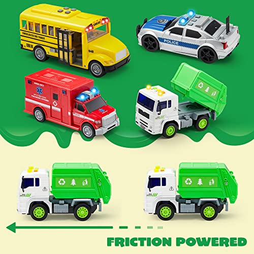 JOYIN 4 PC 7" Long Friction Powered City Play Vehicle Toy Set Including Police Car, School Bus, Garbage Truck, Ambulance, Vehicle Toy with Lights and Sound Siren by Joyin Inc