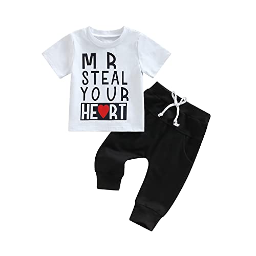 Toddler Baby Boy Valentines/St.Patrick's/Easter Summer Outfit Heart Letter Short Sleeve Top T-Shirt + Long Pants Clothes (Black, 0-6 Months) from Wrrkayly