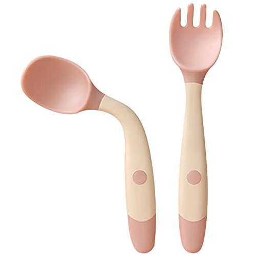 Toddler Utensils with travel case, Baby spoon and fork set for self-feeding Learning Bendable handle silverware for kid children (pink) by NeigeTec
