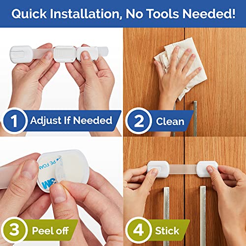 Child Safety Strap Locks (10 Pack) Baby Locks for Cabinets and Drawers, Toilet, Fridge & More. 3M Adhesive Pads. Easy Installation, No Drilling Required, White by Wappa