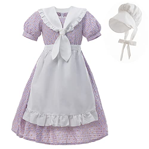 NSPSTT Pioneer Dress for Girls Colonial Costume Girl Bonnets Purple Dress, X-Large by 