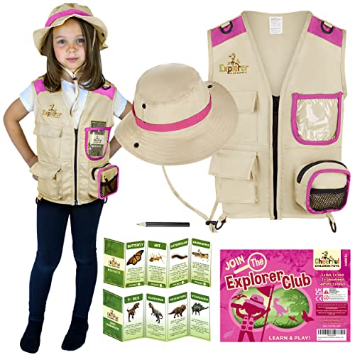 Cheerful Children Toys Kids Explorer Costume Kit - Safari Vest and hat plus Dinosaur and Bug Educational Handbooks. Dress up, Halloween, Outdoor Adventures and Role play. For 3-7 year olds - Pink from Cheerful Children Toys