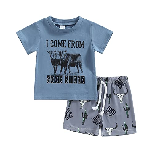Western Baby Boy Clothes Toddler Cow Print Short Sleeve T-Shirt Tops+ Casual Country Shorts Pants Summer Outfits Set (Blue Cow,18-24 Months) from BOIZONTY