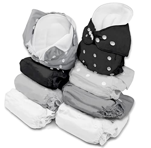 BaeBae Goods Adjustable Cloth Diapers for Boys and Girls â 8 Reusable Cloth Diapers for Babies with 8 Cloth Diaper Inserts (Solid Grey) by 