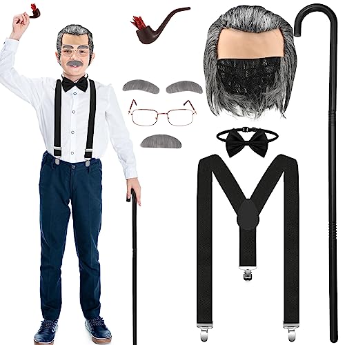 Jutom 8 Pcs 100 Days of School Old Man Costume Set for Boys Child Included Cane Glasses Toy Pipe Old Man Bald Wig Mustache and Suspender Costumes for Child Kids 100th Days of School Cosplay Supplies by Jutom