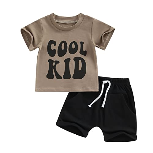 Engofs Toddler Baby Boy Summer Clothes Short Sleeve Letter Print T-Shirt Tops Shorts Set 2Pcs Casual Outfit Coffee 12-18 Months by 
