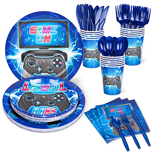 DECORLIFE Video Game Party Supplies Serves 16, Cute Party Plates and Napkins Sets for Boys Birthday, Cups and Knives, Forks, Spoons Included, Blue, Total 112pcs by decorlife