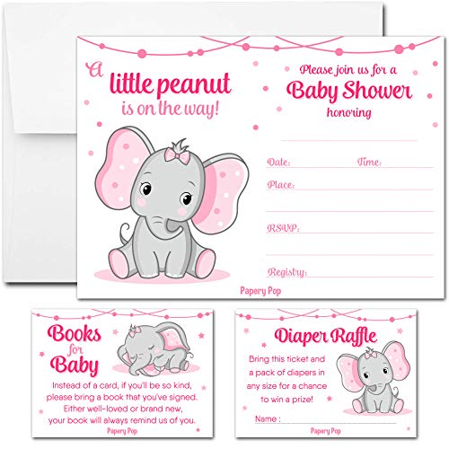 Set of 25 Baby Shower Invitations for Girl with Enveloppes, Diaper Raffle Tickets and Baby Shower Book Request Cards - Elephant from Papery Pop