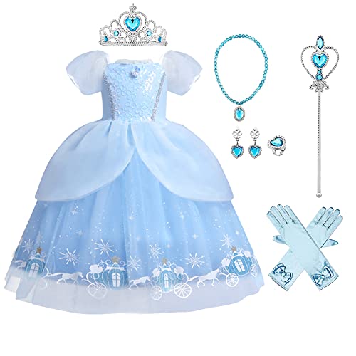 Kids Girls Cinderella Sofia Costume Princess Dress Up Fancy Butterfly Tulle Long Ball Gown+Accessories Fairy Dress Birthday Party Halloween Christmas Carnival Cosplay Cinderella 3-4 Years by 
