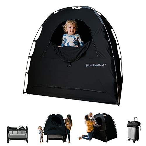 SlumberPod 3.0 Portable Privacy Pod Blackout Canopy Crib Cover, Sleeping Space for Age 4 Months and Up with Monitor Pouch, Pack n Play Blackout Cover, Baby Travel Crib Canopy (Black/Grey) by SlumberPod