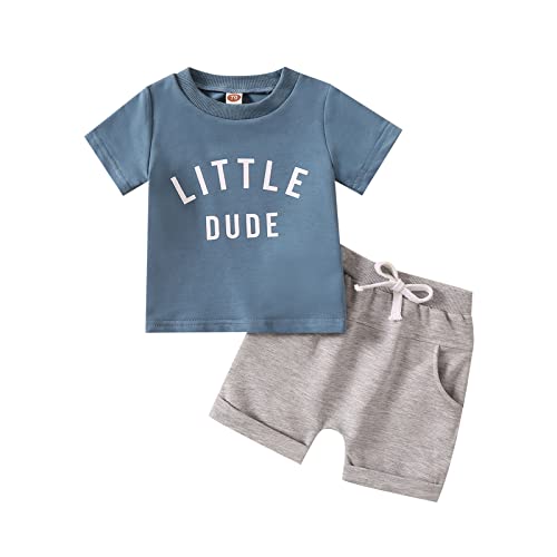 Toddler Baby Boy Clothes Summer Infant Shorts Outfits Letters Print Short Sleeve T-Shirts Top with Elastic Pants 2PCS Set (Little Dude Blue, 12-18 Months) by 