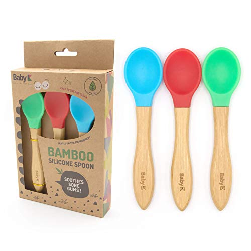 BABY K Self Feeding Bamboo Baby Spoons (Red,Blue & Green) - Baby Led Weaning Spoon for First Stage Infant - PVC Free Soft Silicone Tip - Gum Friendly Training - Perfect Size for First Time Eaters from BABY K