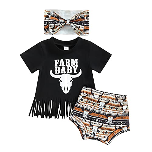 Western Baby Girl Clothes Short Sleeve Letter Print T-Shirt Tops Cow Print Shorts Boho Baby Girl Summer Clothes (Black White, 6-12 Months) from Muasaaluxi