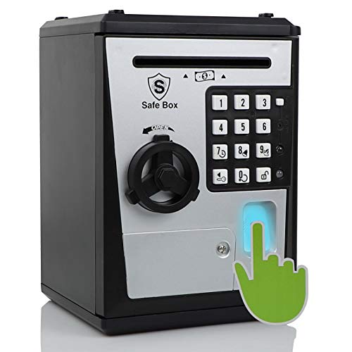 Lyght Mini ATM Savings Bank for Real Money, Electronic Voice Piggy Banks, Fingerprint Password, Kids Safe Box, Cool Stuff Gift for Boys and Girls Silver/Black by Shenzhen Like Electronic Co.,Ltd
