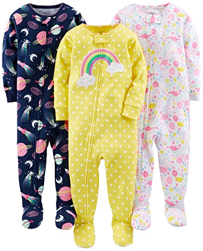 Simple Joys by Carter's Baby Girls' 3-Pack Snug-Fit Footed Cotton Pajamas, Dinosaur, Space, Rainbow, 6-9 Months from Carter's Simple Joys - Private Label