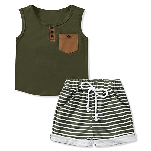 Baby Boy Clothes Set Infant Summer Outfit Stripes Tank Tops + Solid Shorts 2Pcs Clothing Set(6-12Months, Army Green) from BOBORA