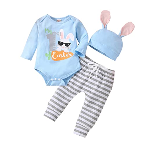 Noubeau Baby Boy Girl Easter Outfit My 1st Easter Long Sleeve Romper Stripe Pants Bunny Ears Hat 3PCS Clothes Set(Bunny-2,0-3 Months) from 
