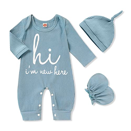 GRNSHTS Newborn Baby Boy Romper Coming Home Outfits Letter Print Knitted Jumpsuit+Hat+Gloves 3PCS Clothes Set (Cadetblue, Newborn) by 
