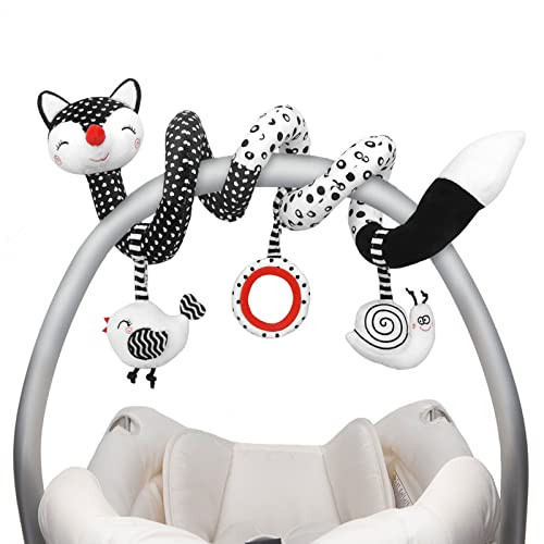 Euyecety Baby Spiral Plush Toys, Black White Stroller Toy Stretch & Spiral Activity Toy Car Seat Toys, Hanging Rattle Toys for Crib Mobile, Newborn Sensory Toy Best Gift for 0 3 6 9 12 Months Baby-Fox from Euyecety