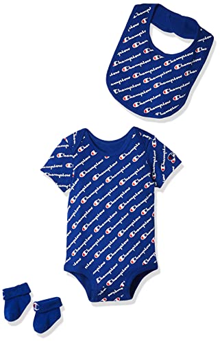 Champion Baby Infant 3-Piece Box Set Includes Body Suit, bib and Booties, All Over Script-Blue 420, 0-6M by Champion