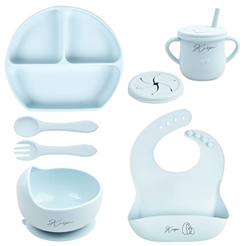 Baby Led Weaning Supplies - Kirpi Baby Feeding Set - Silicone Suction Bowls, Divided Plates, Sippy and Snack Cup - Toddler Self Feeding Eating Utensils Set with Bibs, Spoons, Fork - 6 Months (Blue) from Newsun silicone products co.,Ltd