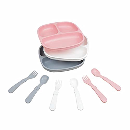 Re-Play Made in The USA Dinnerware Set - 3pk Divided Plates with Matching Utensils Set (Modern Pink) from Re-Think It, Inc.