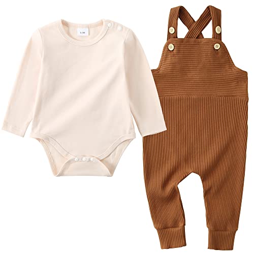 YUEMION Newborn Baby Boy Clothes,2Pcs Infant Boy Romper Bodysuit Fall Winter Stripe Outfits + Bib Overall Pants (3-6 Months) from 