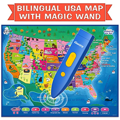 Qiaojoy Bilingual Interactive Map for Kids Talking USA Map for Kids Learning Geography Toys Games Ages 3 to 12 Educational Electronic USA Map i-Poster Gift for 4 5 6 7 8 9 10 Year Old Girls Boys from Qiaojoy