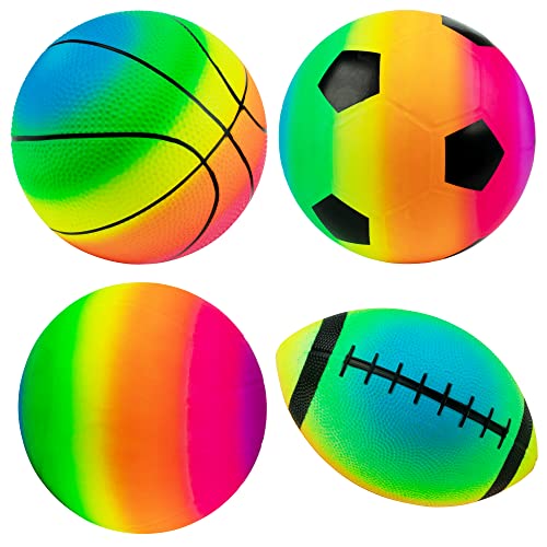 Homotte Rainbow Sports Balls Pack of 4, 1 Each of 8.5" Football, Basketball, Soccer and Volleyball for Playground, Inflatable Multi-Sport Ball Set with 1 Pump for Kids Outdoor Activities from Homotte