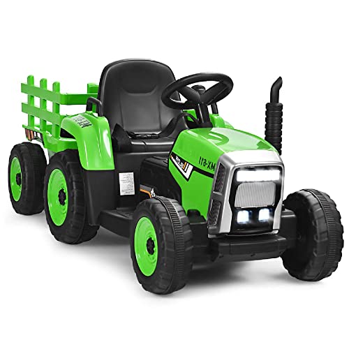 HONEY JOY Ride On Tractor with Trailer, Toddler 3-Gear-Shift Ground Loader, LED Lights, Horn, Music, 12V Battery Powered Electric Toy Tractor with Remote Control (Green) from HONEY JOY