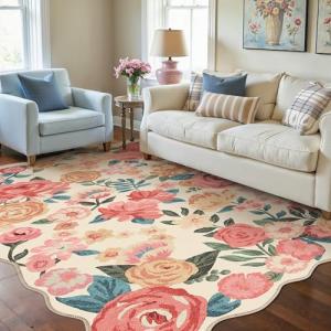 Cozy Floral Washable Area Rug 5x7 Beige