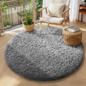 Ophanie 4Ft Gray Round Fluffy Area Rug
