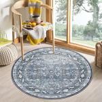Vintage Blue Round Washable Low-Pile Rug 4ft