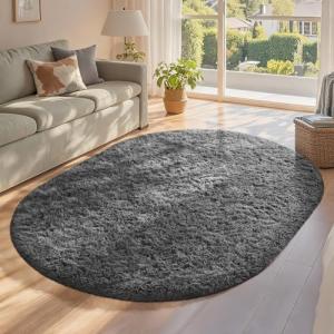 Soft Grey Oval Rug for Bedroom or Living Room