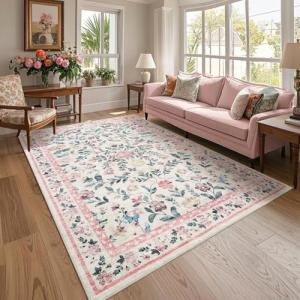 Pink Washable Floral Vintage Area Rug 8x10