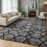 Fluffy Grey and Black Geometric Area Rug 4x6