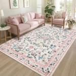 Pink Washable Floral Vintage Area Rug 8x10
