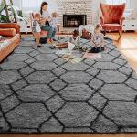 Fluffy Grey and Black Geometric Area Rug 4x6
