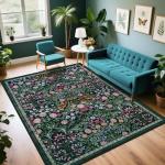 Floral Washable 6x9 Area Rug in Dark Green