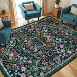 Floral Washable 6x9 Area Rug in Dark Green