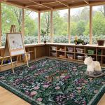 Floral Washable 6x9 Area Rug in Dark Green