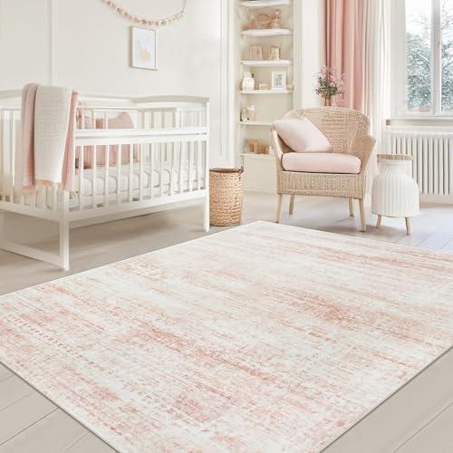 Srugn Washable Rugs 5x7 Area Rugs for Living Room,Bedroom,Dining Room- Ultra Soft Faux Wool Nursery Rug for Baby Girl,Neutral Light Pink Low Pile Vintage Carpets for Dorm Kids Playroom,Non Slip