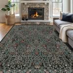 8x10 Washable Vintage Floral Area Rug - Dark Green