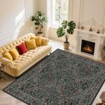 8x10 Washable Vintage Floral Area Rug - Dark Green