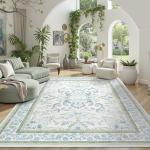 DCX Green 5x7 Area Rug, Machine Washable Non Slip Stain Resistant Soft Vintage Floral Rug, for Living Room, Bedroom, Playroom, Soft Low Pile Large Nursery Carpet
