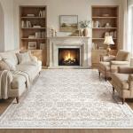Floral Vintage 9x12 Washable Area Rug in Camel