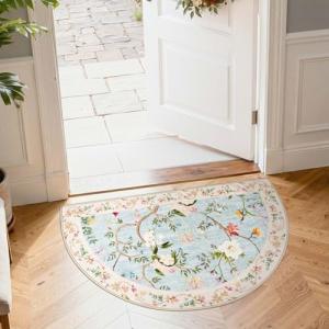 Floral Half Circle Area Rug - Washable Blue/Pink