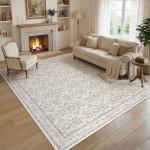 Floral Vintage 9x12 Washable Area Rug in Camel
