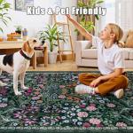 Floral Washable 8x10 Area Rug in Dark Green